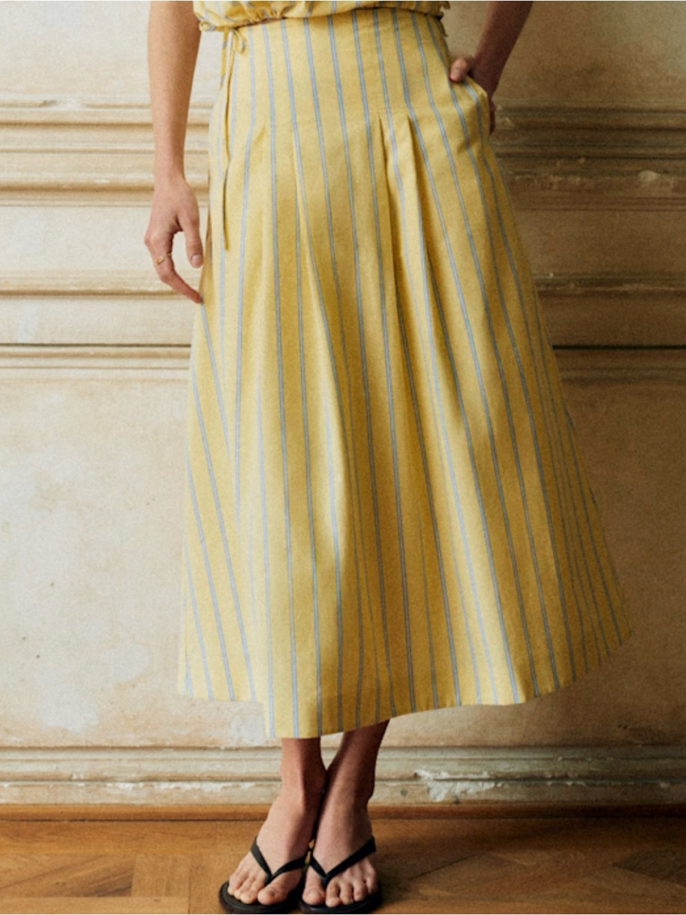 Yellow Striped A-Line Midi Skirt